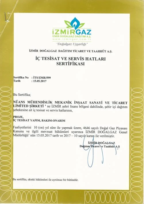 İzmirgaz İç Tesisat ve Servis Hatları Sertifikası taraması.